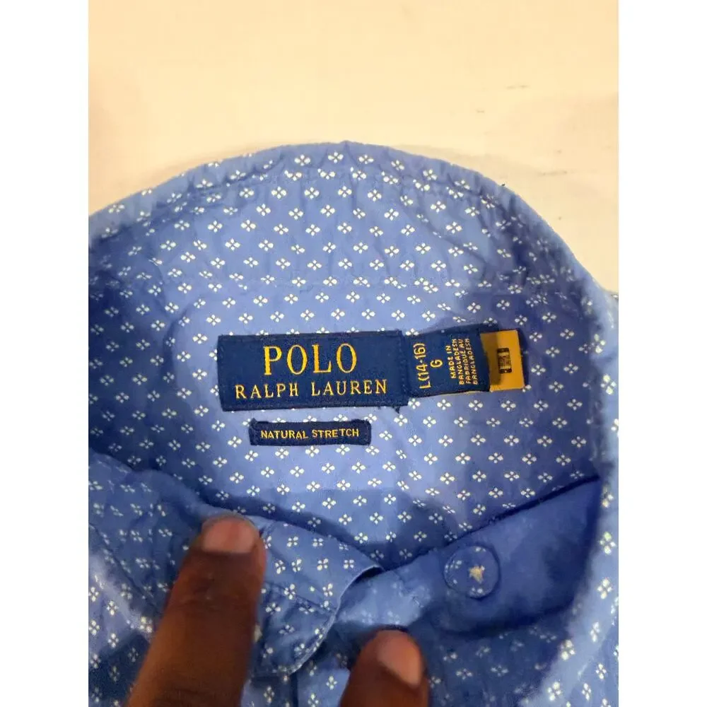 Polo Ralph Lauren Boys L 14-16 Blue Geometric Natural Stretch Button Shirt SS
